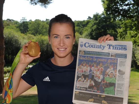 Maddie Hinch with her Olympic gold - showing how the West Sussex County Times reported her 2016 triumph