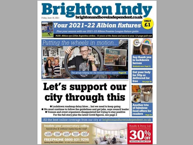 This week's Brighton Indy front page. Buy your copy now for £1