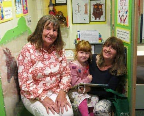 Author Julia Donaldson joins Jenny Gritten and her granddaughter in the new Children’s Corner at Steyning Museum