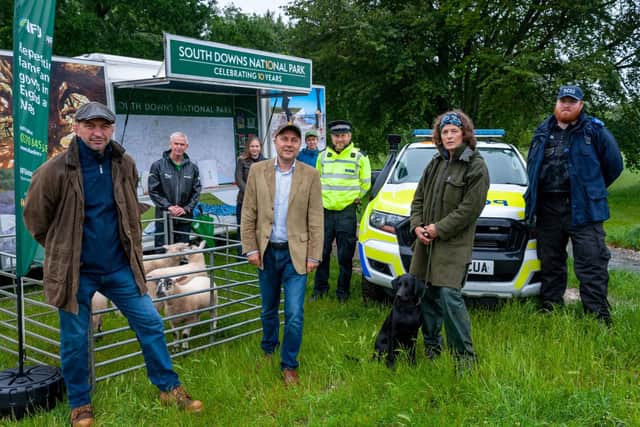 West Sussex NFU chair Mark Chandler and Arundel and South Downs MP Andrew Griffith meeting dog walkers with representatives of the national park authority and Sussex Police. Picture: NFU/Scott Ramsey