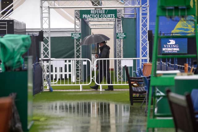 It's a sorry, soggy scene at Devonshire Park - let's hope for a brighter week from now on / Picture: Jon Rigby