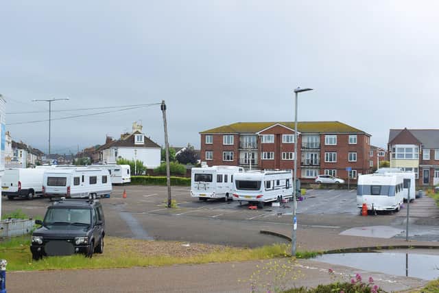 The travellers that had set up in Fisherman's Green car park. SUS-210618-142549001