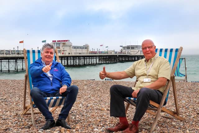 South Beach Leisure director Daniel Capstick-Dale with councillor Kevin Jenkins on the beach