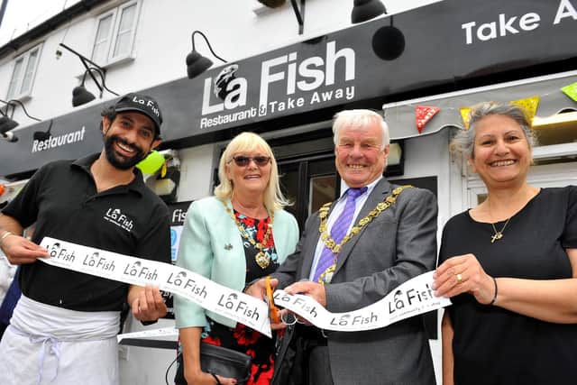 LA Fish manager Yoddi Papadamou (left) and his mother Elizabeth (right), pictured with the new Mayor and Mayoress of Chichester, John and Cherry Hughes. Photo: Steve Robards