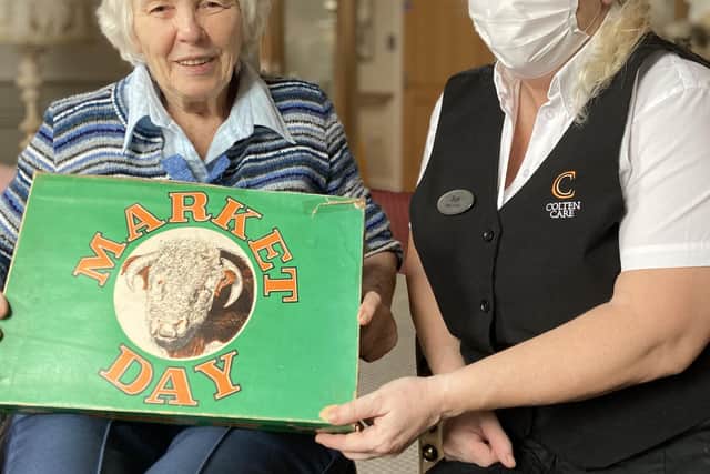 Wellington Grange resident Jenny Mitchell-Jones was ‘over the moon’ when waitress Sue Milton tracked down an original Market Day boardgame Jenny and her friends invented nearly 50 years ago