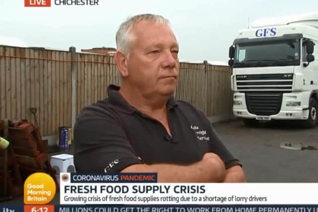 Kevin Puleston, the owner of Gela Freight Services, appeared on Good Morning Britain from an industrial unit off the A27 Chichester Bypass last week. Photo: GMB/ITV