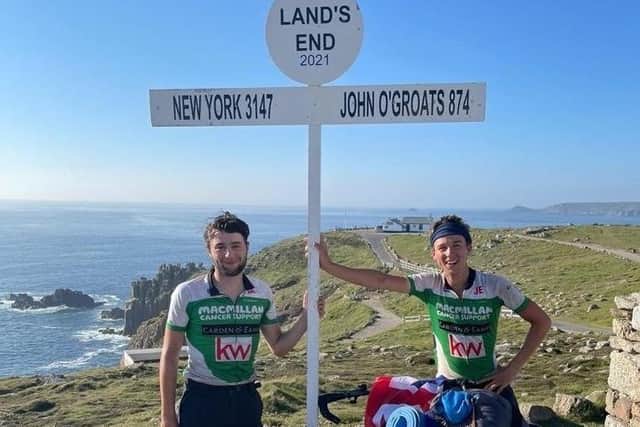 Sam Alford and Jack Evans from Pulborough reaching Land's End to complete their 1,000 mile charity cycle for Macmillan SUS-210629-090906001