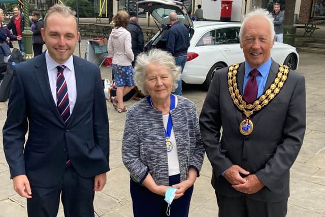 Horsham District Council's vice chair Cllr Billy Greening, Cllr Kate Rowbottom and chairman Cllr David Skipp attend Armed Forces Day celebrations in Horsham SUS-210629-133146001