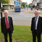 Councillor Peter Smith, Cabinet member for Planning and Economic Development, and Bob Lanzer, West Sussex County Council Cabinet representative on the Crawley Growth Programme, pictured at the junction of The Boulevard / The Broadway