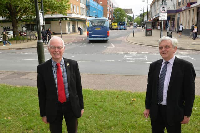 Councillor Peter Smith, Cabinet member for Planning and Economic Development, and Bob Lanzer, West Sussex County Council Cabinet representative on the Crawley Growth Programme, pictured at the junction of The Boulevard / The Broadway