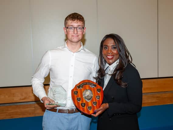 Alex Bayley (2019 Sportsperson of the Year) in the Littlehampton awards, with Tessa Sanderson
