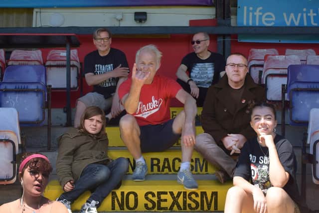 The cast and crew of Whitehawk FC - The Musical A Fan-Tastic Story (l-r) Scarlet Learmonth, Woody Learmonth, Simon Odds N’Evens, Ollie Learmonth, Dick Langford, Kevin Miller, Eve Plumridge