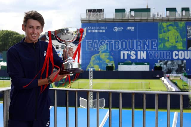 Alex De Minaur with the trophy after winning the men's singles final against Lorenzo Sonego of Italy in the Viking International, Eastbourne / Picture: Charlie Crowhurst/Getty Images for LTA