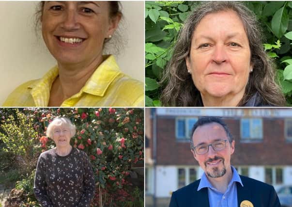 Clockwise from top left: Conservative Lorraine Carvalho, Green Jenny Edwards, Lib Dem Ben Jerrit and Independent Carole Steggles
