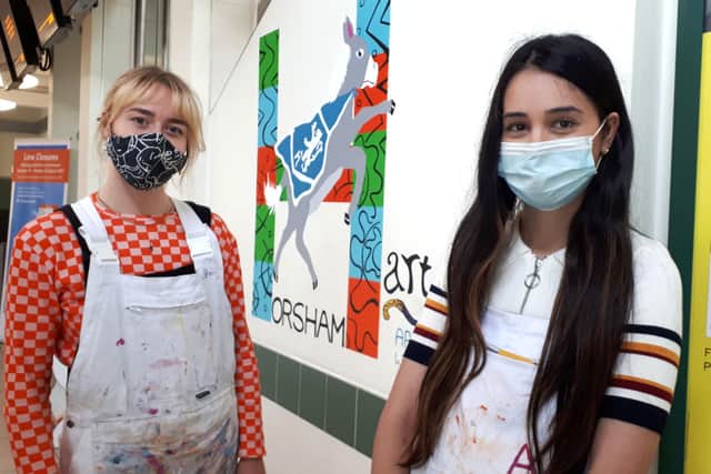 Laura Hutchins and Ayseli Sunguroglu from art-k painted a mural at Horsham Railway station designed by Jake Francis. Pic S Robards SR2906211 SUS-210629-155242001