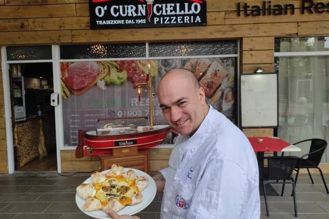Master chef Pizzaiolo Enzo Fiore outside his new restaurant, O’Curniciello, in Lancing
