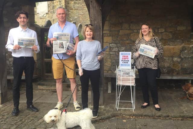 The Midhurst & Petworth Observer team at Midhurst market today: Joe Stack, Gary Shipton with newshound Teddy, Anne McDougall and Bex Bastable SUS-210307-161332001