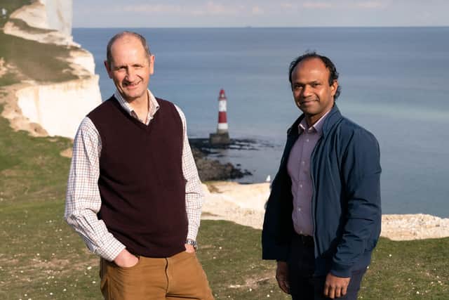 Dr Greg Folwell GP and Dr Sanjay Rajendra GP, who practise in Eastbourne, Sussex. Photographed at nearby Beachy Head for MDDUS Annual Report. SUS-210607-090919001