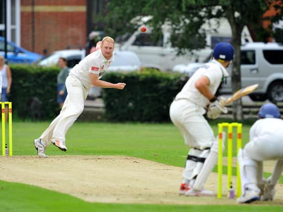 Horsham CC vice-captain Ben Williams bowling to Burgess Hill CC's James Chadburn. Pictures by Steve Robards