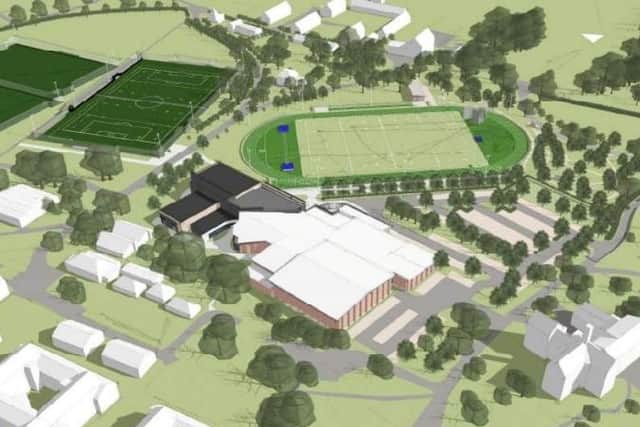 Aerial view of proposed new running track, 3G pitch and extension to sports centre