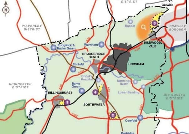 Four proposed strategic allocations in yellow and numbered. 1) east of Billingshurst 2) Buck Barn 3) west of Ifield 4) west of Southwater