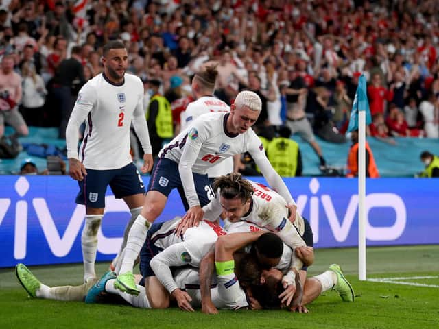 England players celebrate the Harry Kane goal that secured the Euro semi-final victory over Denmark / Picture: Getty