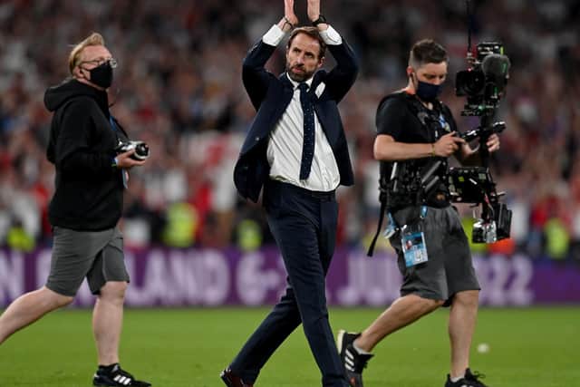 Gareth Southgate celebrates the win over Denmark