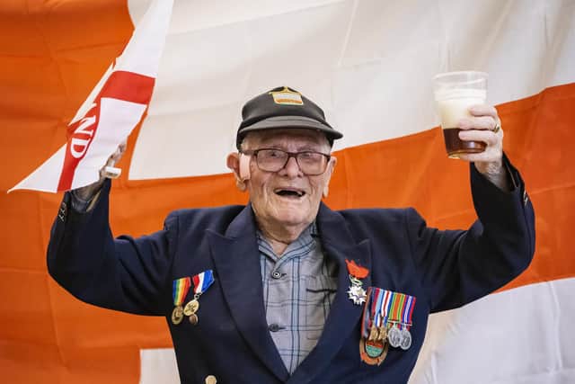 Normandy landings veteran Len Gibbon, 97, celebrates England's semi-final victory. Picture courtesy of Adam Gerrard