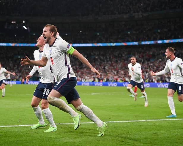 Harry Kane is pursued by his teammates after putting England 2-1 up against Denmark and on their way to the Euro final / Picture: Getty