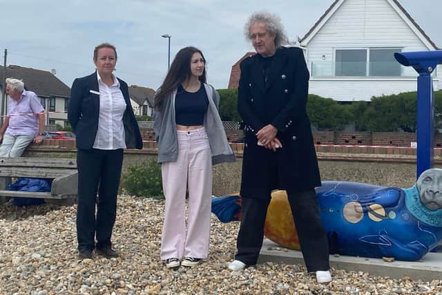 From left: Cllr Donna Johnson of Selsey Town Council, Chichster College student Megan Masters, and Brian May