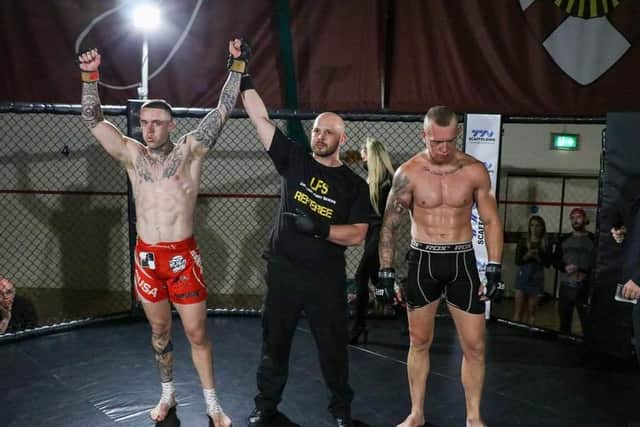 Steven Hill (left) getting his hand raised after his decisive win over Bartek Paszczyk. Pictures by Lock Down Fight Series
