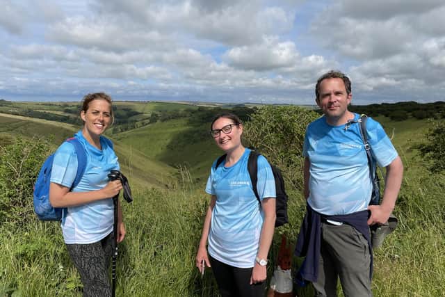 Michelle Lewis, Lauren Guy and Edward Cooke at Devil’s Dyke towards the end of the walk