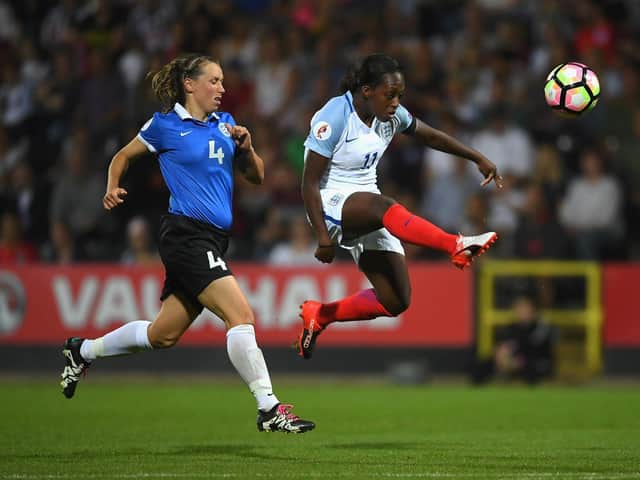 New Brighton & Hove Albion striker Danielle Carter (right) in England action during the UEFA Women's Euro 2017 qualifier against Estonia in 2016. Picture by Laurence Griffiths/Getty Images