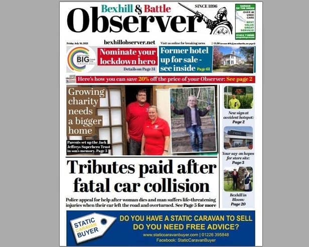 Today's front page of the Bexhill and Battle Observer SUS-210715-134011001