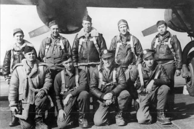The crew pictured in May 1944 at Halesworth. In the front row, left to right, is 2nd Lieutenant Herbert K. King, 2nd Lieutenant D. M. Henderson, Lieutenant William Bailey Montgomery and Flight Officer John J. Crowther. Staff Sergeant Richard M. Rodriguez is believed to be second row, far right, but the others as yet, have not been confirmed. Picture provided by Mark Khan, courtesy of Kenneth Whitehead.
