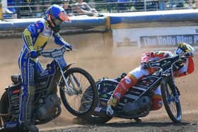 Action from Eastbourne Eagles' 48-41 defeat to Leicester Lions. Picture by Mike Hinves