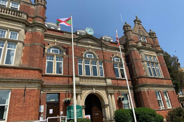 Bexhill's town flag outside the town hall SUS-210308-124931001