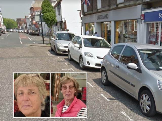 Disabled parking bays in North Street, Chichester, and (inset) Nicola and her mother