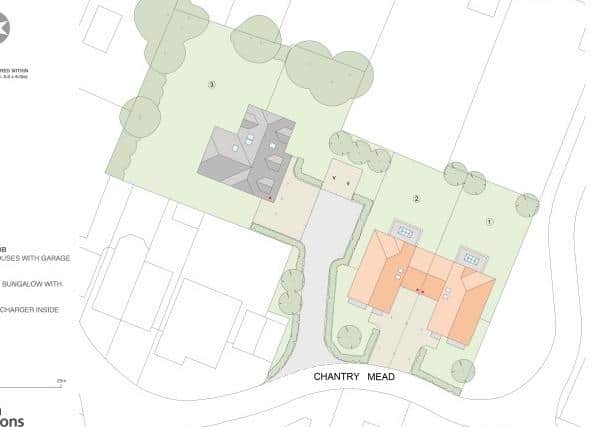 Block plan for three new homes planned to be built off Chantry Mead