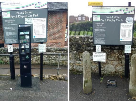 (left) The pay and display machine at Pound Street car park, Petworth, and (right) the aftermath of the theft