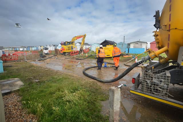 Burst sewage main down Cinque Ports Way, Bulverhythe Beach area, St Leonards. SUS-210730-104349001