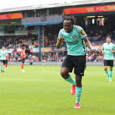 Percy Tau enjoys the moment after his goal at Luton Town