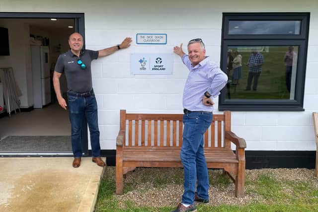 Andrew Griffith with Southdown Gliding Club chairman Craig Lowrie outside the new classroom extension at the Pulborough club SUS-210208-154654001