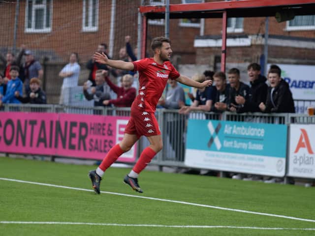 Ollie Pearce celebrates a pre-season goal for Worthing / Picture: Marcus Hoare