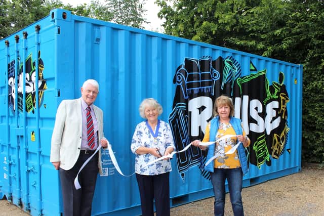 Horsham District Councillor  Philip Circus, Councillor Kate Rowbottom and West Sussex County Councillor Deborah Urguhart declare Horsham's  new Reuse Hub open.