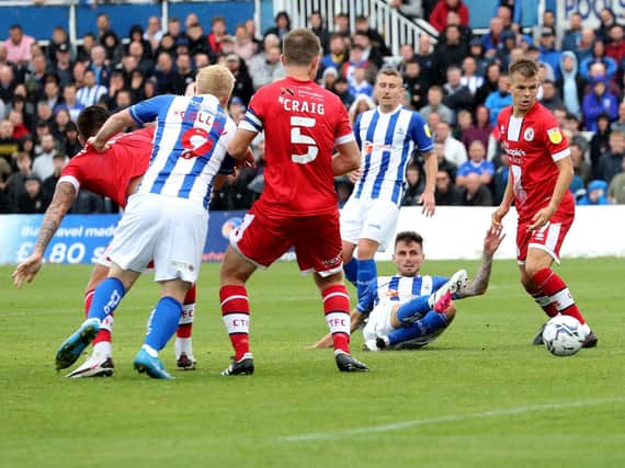 Gavan Holohan fires home Hartlepool United’s late winner against the Reds on Saturday. Picture by Mark Fletcher / MI News & Sport Ltd