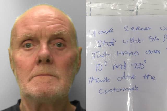 Alan Slattery and the note he used to rob a bank. Picture: Sussex Police SUS-211108-125526001