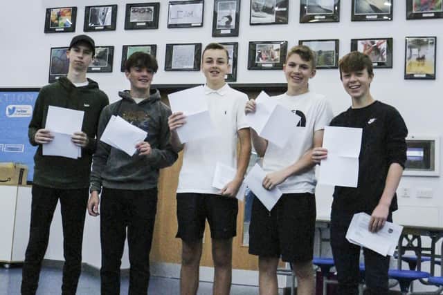 Henry Lehmann, Mckenzie Grant, Olaf Kowenicki, Jake Freeman, and Rohan Mills celebrating their GCSE results at The Littlehampton Academy