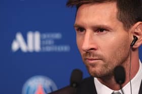 Lionel Messi talks to the media upon his arrival at PSG / Picture: Getty