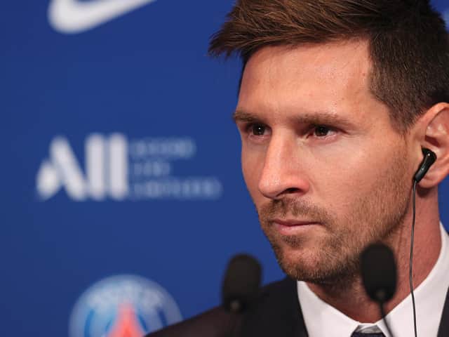 Lionel Messi talks to the media upon his arrival at PSG / Picture: Getty